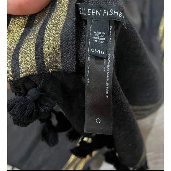 Eileen Fisher Womens Sz PM P M Black Gold ITALIAN Wool Cardigan Tassel Scarf Set - Picture 16 of 16